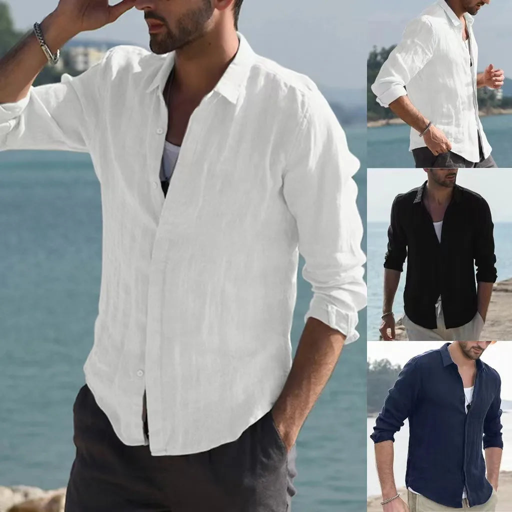 Men Summer New Solid Linen  Long Sleeve Casual Shirt Single Breasted Collar Cotton Linen Lapel Tops Simplicity Long Sleeve Shirt