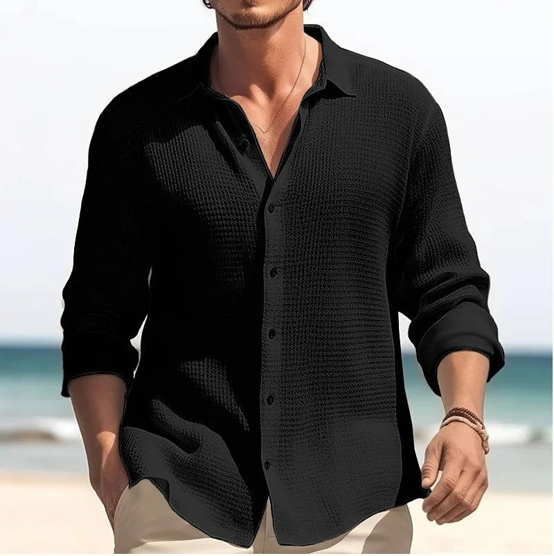 Men's Long-sleeved Shirt Waffle Spring Button Casual Fashion Black Top Street Cardigan 2025 New Blouses for Male
