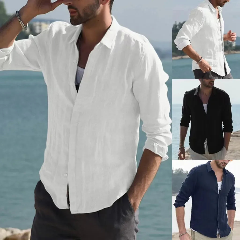 Men Summer New Solid Linen  Long Sleeve Casual Shirt Single Breasted Collar Cotton Linen Lapel Tops Simplicity Long Sleeve Shirt