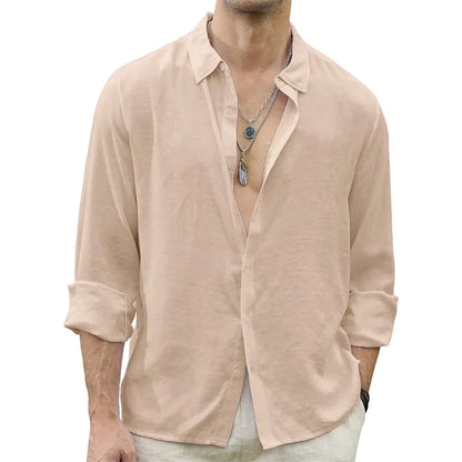 Men Beach Shirts Cotton Linen Shirts Men's Causal Loose Solid Color Long Sleeves Men's Autumn Hawaiian Streetwear